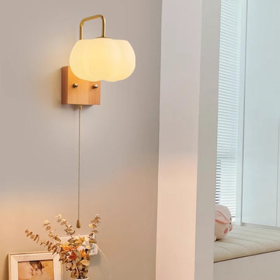 Modern Minimalist Square Pumpkin Shape Wooden Base Iron Plastic Shade 1-Light Wall Sconce Lamp For Living Room