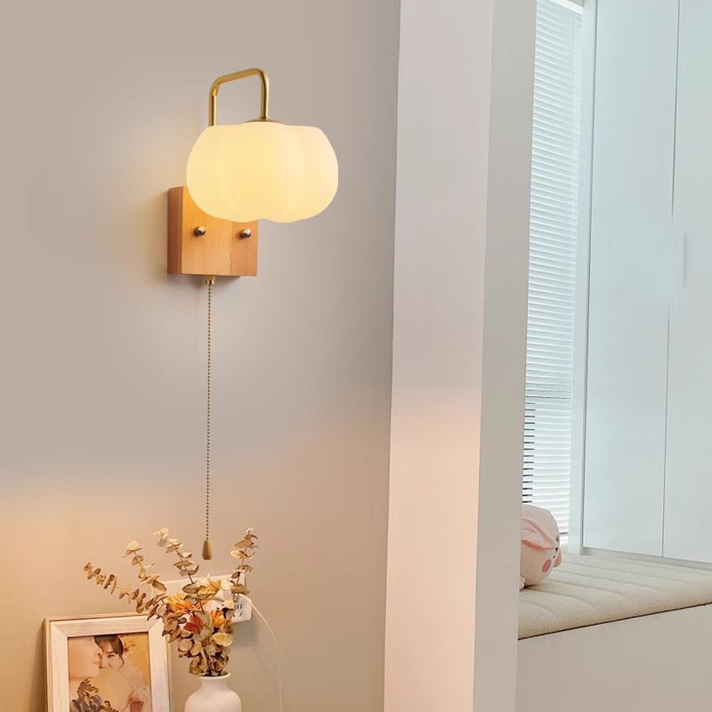 Modern Minimalist Square Pumpkin Shape Wooden Base Iron Plastic Shade 1-Light Wall Sconce Lamp For Living Room