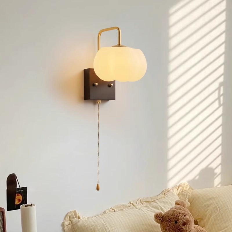 Modern Minimalist Square Pumpkin Shape Wooden Base Iron Plastic Shade 1-Light Wall Sconce Lamp For Living Room