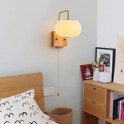 Modern Minimalist Square Pumpkin Shape Wooden Base Iron Plastic Shade 1-Light Wall Sconce Lamp For Living Room