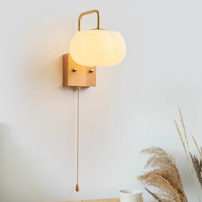 Modern Minimalist Square Pumpkin Shape Wooden Base Iron Plastic Shade 1-Light Wall Sconce Lamp For Living Room