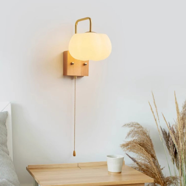 Modern Minimalist Square Pumpkin Shape Wooden Base Iron Plastic Shade 1-Light Wall Sconce Lamp For Living Room