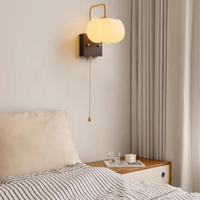 Modern Minimalist Square Pumpkin Shape Wooden Base Iron Plastic Shade 1-Light Wall Sconce Lamp For Living Room