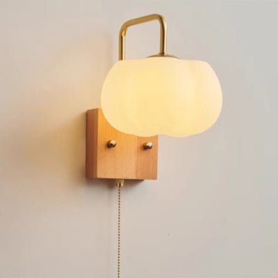 Modern Minimalist Square Pumpkin Shape Wooden Base Iron Plastic Shade 1-Light Wall Sconce Lamp For Living Room