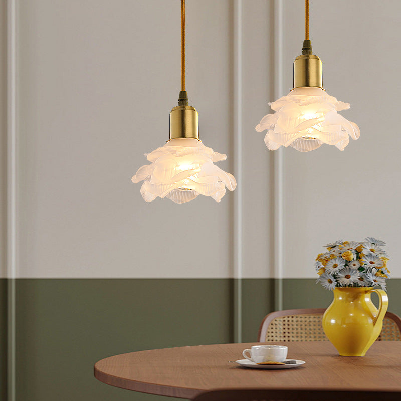 Modern Minimalist Flower Full Copper Frame Glass Shade 1-Light Pendant Light For Living Room