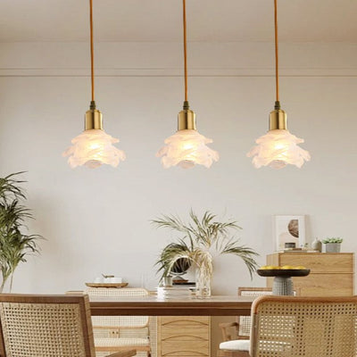 Modern Minimalist Flower Full Copper Frame Glass Shade 1-Light Pendant Light For Living Room