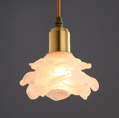 Modern Minimalist Flower Full Copper Frame Glass Shade 1-Light Pendant Light For Living Room