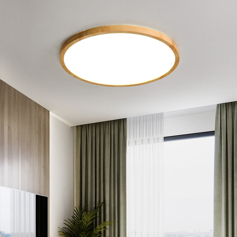 Modern Minimalist Round Solid Wood Frame Acrylic Shade LED Flush Mount Ceiling Light For Living Room