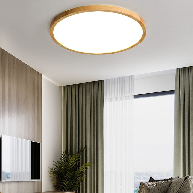 Modern Minimalist Round Solid Wood Frame Acrylic Shade LED Flush Mount Ceiling Light For Living Room