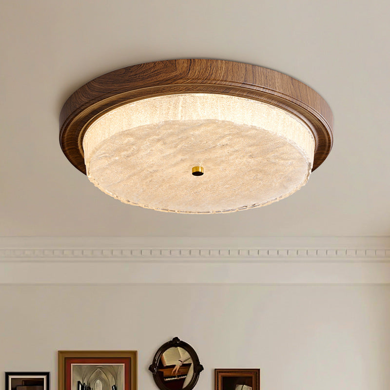 Modern Minimalist Round Water Ripple Wood Grain Iron Frame Glass Shade LED Flush Mount Ceiling Light For Living Room