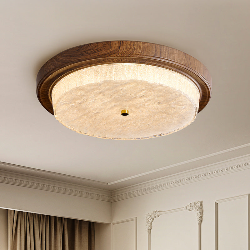 Modern Minimalist Round Water Ripple Wood Grain Iron Frame Glass Shade LED Flush Mount Ceiling Light For Living Room