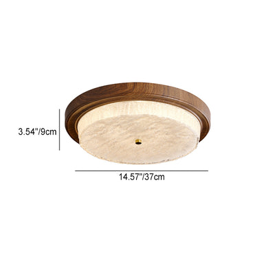 Modern Minimalist Round Water Ripple Wood Grain Iron Frame Glass Shade LED Flush Mount Ceiling Light For Living Room