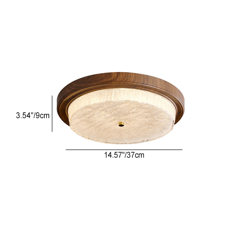 Modern Minimalist Round Water Ripple Wood Grain Iron Frame Glass Shade LED Flush Mount Ceiling Light For Living Room