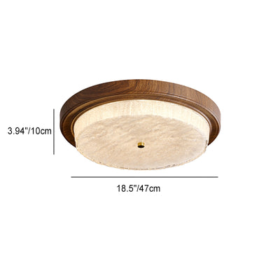 Modern Minimalist Round Water Ripple Wood Grain Iron Frame Glass Shade LED Flush Mount Ceiling Light For Living Room