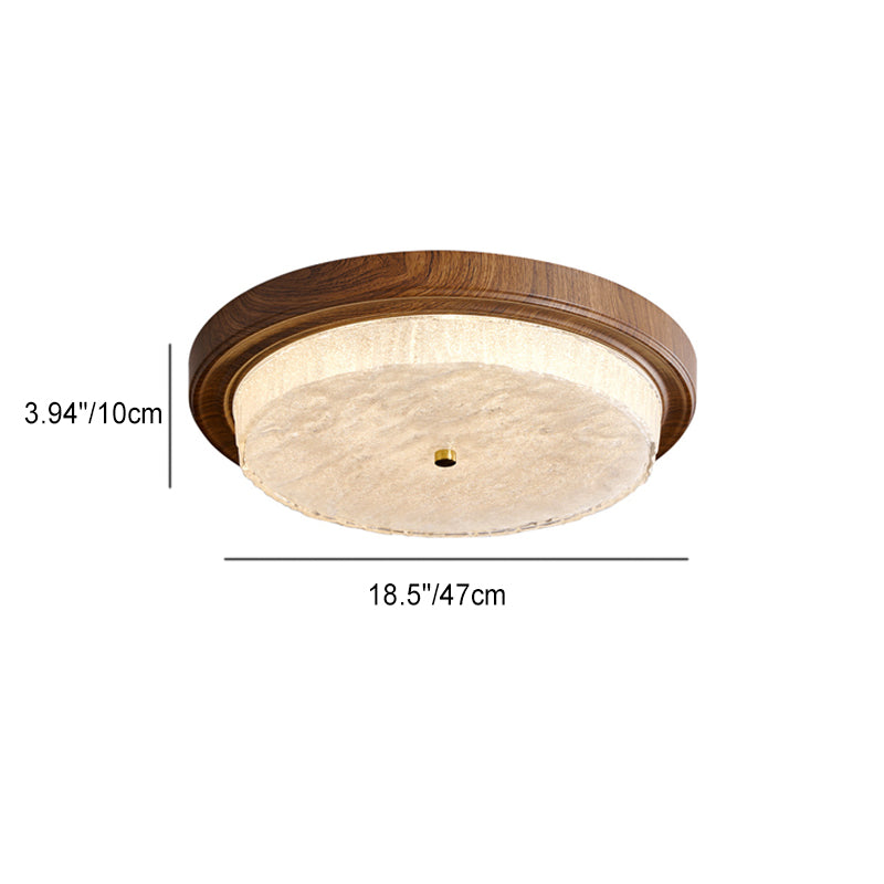 Modern Minimalist Round Water Ripple Wood Grain Iron Frame Glass Shade LED Flush Mount Ceiling Light For Living Room