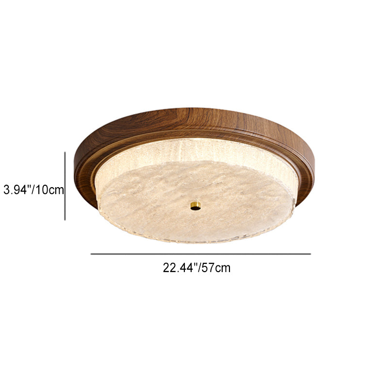 Modern Minimalist Round Water Ripple Wood Grain Iron Frame Glass Shade LED Flush Mount Ceiling Light For Living Room