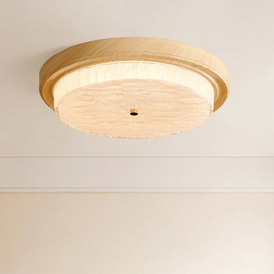 Modern Minimalist Round Water Ripple Wood Grain Iron Frame Glass Shade LED Flush Mount Ceiling Light For Living Room