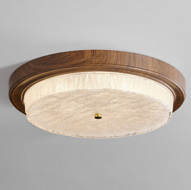 Modern Minimalist Round Water Ripple Wood Grain Iron Frame Glass Shade LED Flush Mount Ceiling Light For Living Room