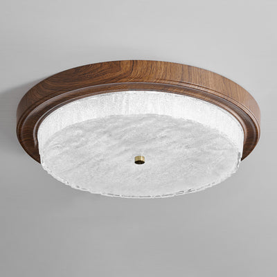 Modern Minimalist Round Water Ripple Wood Grain Iron Frame Glass Shade LED Flush Mount Ceiling Light For Living Room