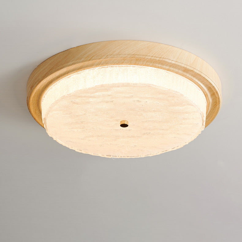 Modern Minimalist Round Water Ripple Wood Grain Iron Frame Glass Shade LED Flush Mount Ceiling Light For Living Room