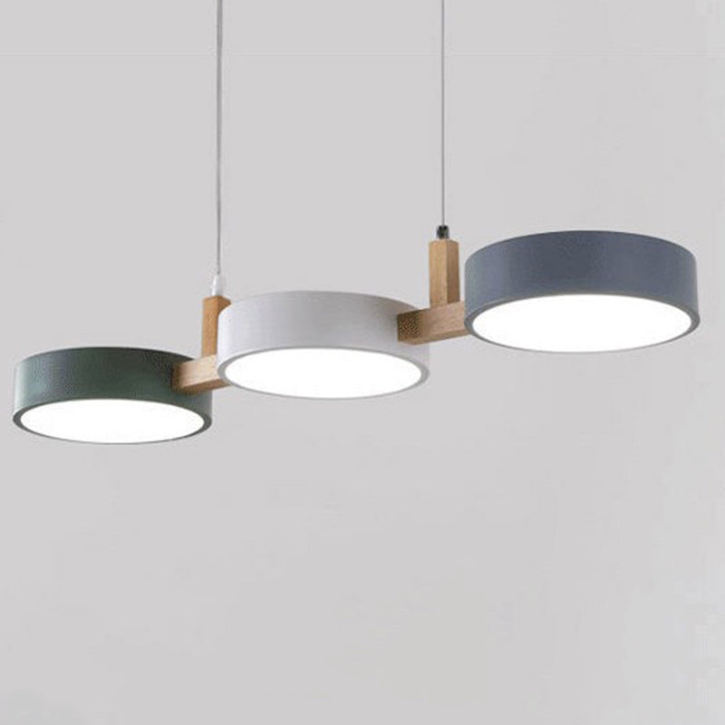 Contemporary Nordic Round Metal Wood Acrylic Shade LED Island Light Chandelier For Dining Room