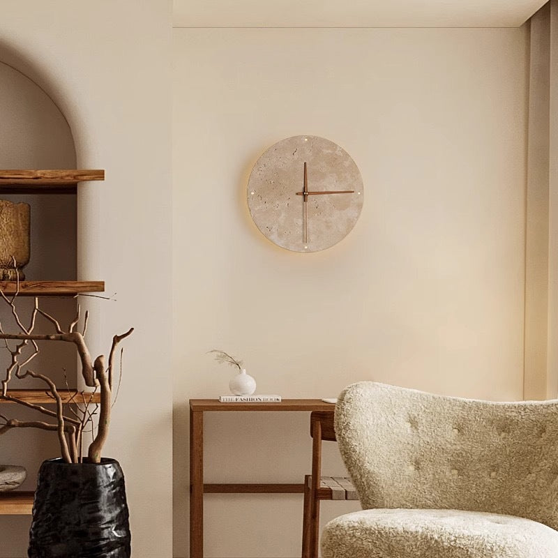 Moderne minimalistische runde Uhr gelbe Travertin Holz LED Wandleuchte Lampe für Wohnzimmer 