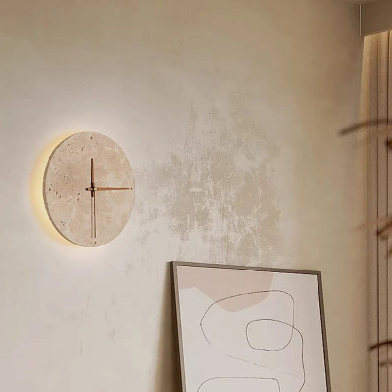 Moderne minimalistische runde Uhr gelbe Travertin Holz LED Wandleuchte Lampe für Wohnzimmer 