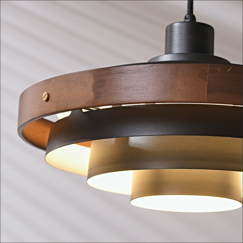 Contemporary Nordic Multi-Tiered Concentric Circles Solid Wood Hardware 1-Light Pendant Light For Living Room