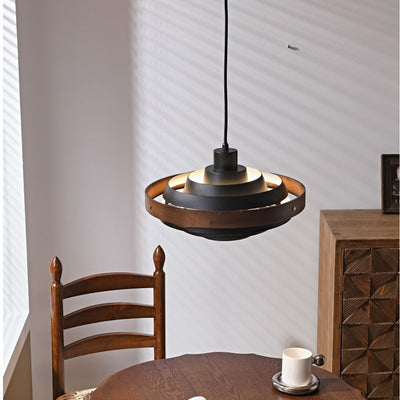 Contemporary Nordic Multi-Tiered Concentric Circles Solid Wood Hardware 1-Light Pendant Light For Living Room