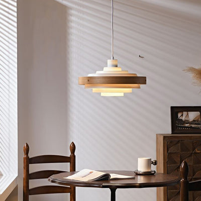 Contemporary Nordic Multi-Tiered Concentric Circles Solid Wood Hardware 1-Light Pendant Light For Living Room