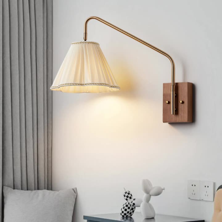 Traditional Japanese Pole Trapezoidal Pleated Fabric Shade Wood Iron 1-Light Wall Sconce Lamp For Living Room