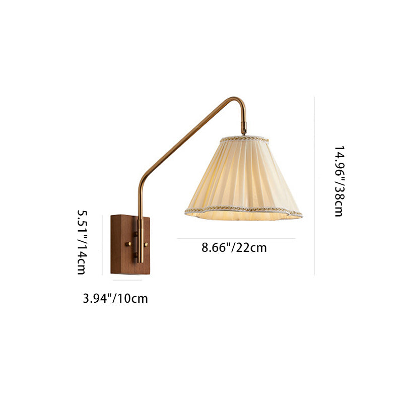 Traditional Japanese Pole Trapezoidal Pleated Fabric Shade Wood Iron 1-Light Wall Sconce Lamp For Living Room