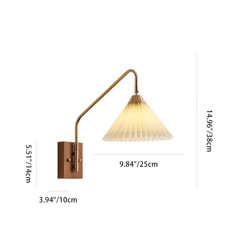 Traditional Japanese Pole Trapezoidal Pleated Fabric Shade Wood Iron 1-Light Wall Sconce Lamp For Living Room