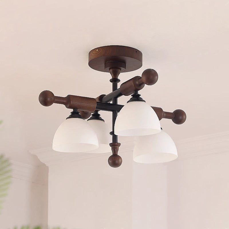 Traditional French Cross Dome Bowl Hardware Wood Frame Glass Shade 4-Light Semi-Flush Mount Ceiling Light For Living Room