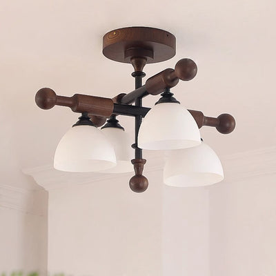 Traditional French Cross Dome Bowl Hardware Wood Frame Glass Shade 4-Light Semi-Flush Mount Ceiling Light For Living Room