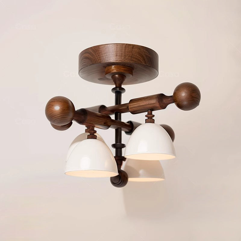 Traditional French Cross Dome Bowl Hardware Wood Frame Glass Shade 4-Light Semi-Flush Mount Ceiling Light For Living Room