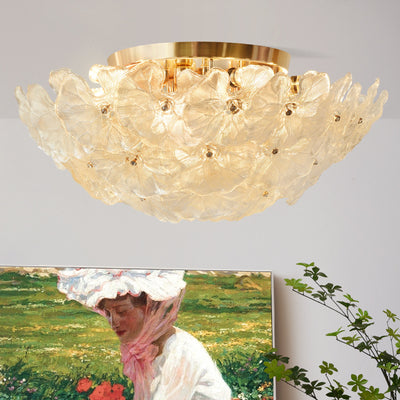 Traditional French Round Dome Flower Iron Frame Glass Shade 6/9/14 Light Flush Mount Ceiling Light For Living Room