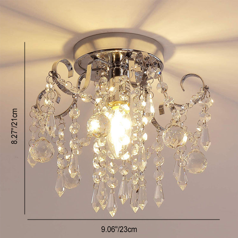 Modern Minimalist Round Branch Iron Crystal 1-Light Semi-Flush Mount Ceiling Light For Living Room