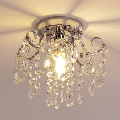 Modern Minimalist Round Branch Iron Crystal 1-Light Semi-Flush Mount Ceiling Light For Living Room