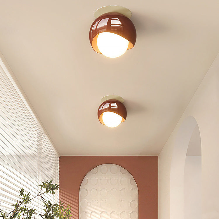 Modern Minimalist Round Globe Iron Glass LED Semi-Flush Mount Ceiling Light For Hallway