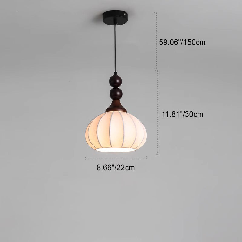 Traditional Japanese Oval Round Orb Wood Grain Iron Frame Fabric Shade 1-Light Pendant Light For Living Room