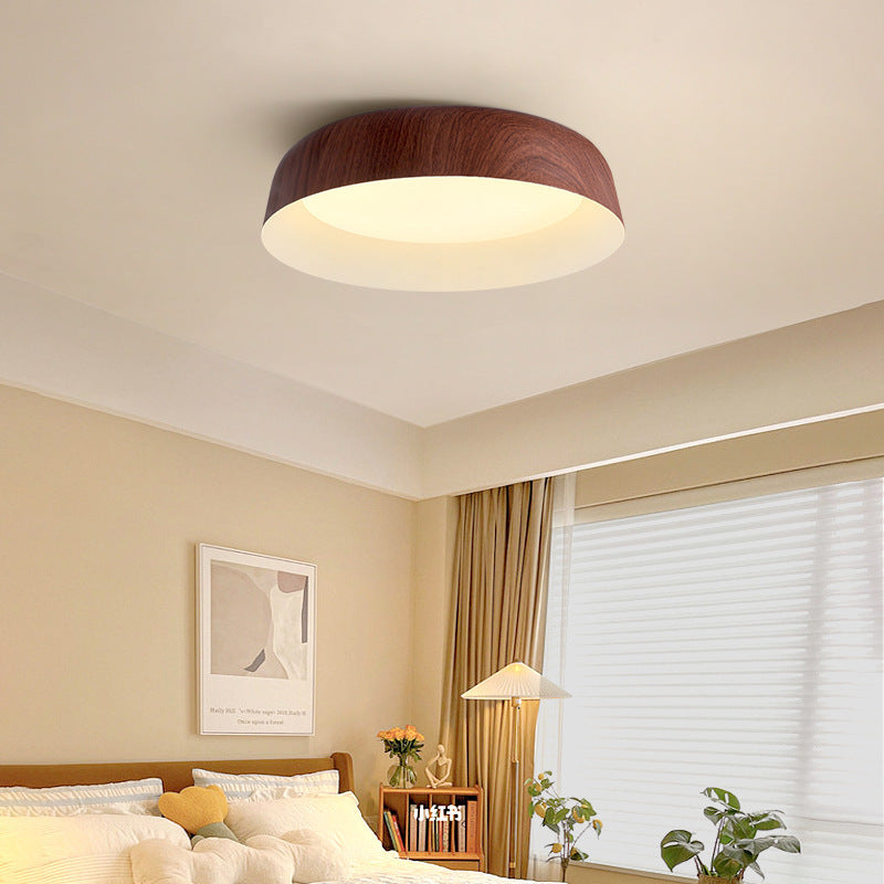 Contemporary Nordic Round Disc Wood Grain Iron PVC LED Flush Mount Ceiling Light For Bedroom