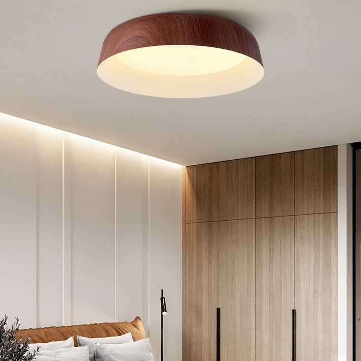 Contemporary Nordic Round Disc Wood Grain Iron PVC LED Flush Mount Ceiling Light For Bedroom