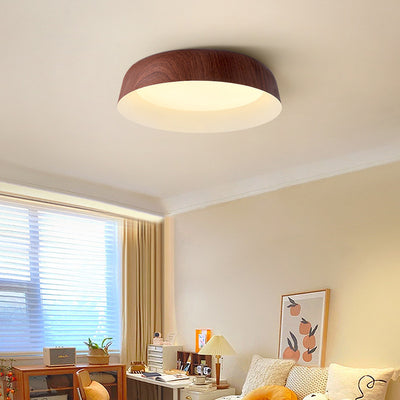 Contemporary Nordic Round Disc Wood Grain Iron PVC LED Flush Mount Ceiling Light For Bedroom