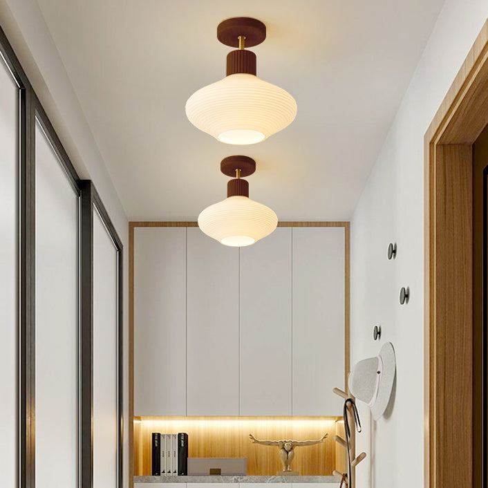 Modern Minimalist Round Oval Stripe Glass Shade Wood Frame 1-Light Semi-Flush Mount Ceiling Light For Hallway