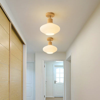 Modern Minimalist Round Oval Stripe Glass Shade Wood Frame 1-Light Semi-Flush Mount Ceiling Light For Hallway