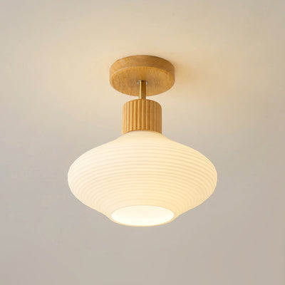 Modern Minimalist Round Oval Stripe Glass Shade Wood Frame 1-Light Semi-Flush Mount Ceiling Light For Hallway