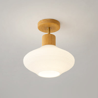 Modern Minimalist Round Oval Stripe Glass Shade Wood Frame 1-Light Semi-Flush Mount Ceiling Light For Hallway