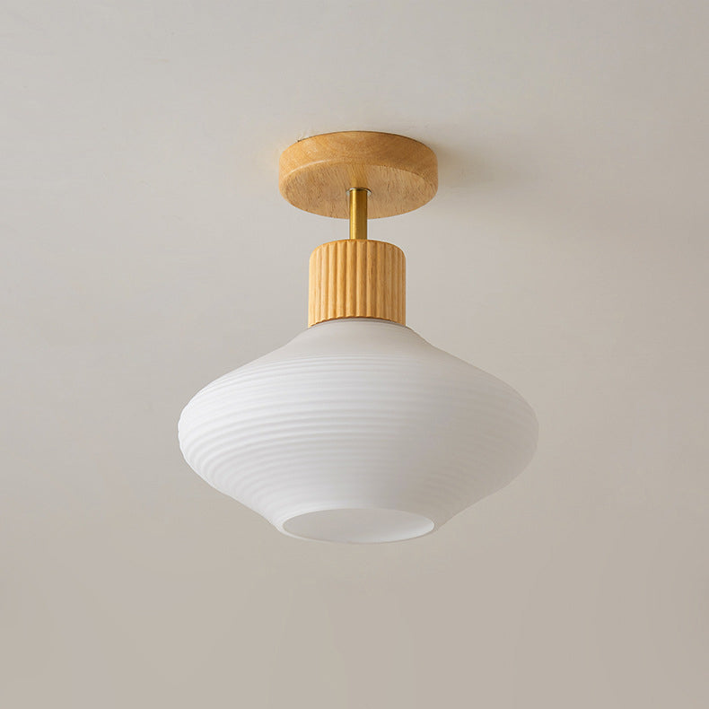 Modern Minimalist Round Oval Stripe Glass Shade Wood Frame 1-Light Semi-Flush Mount Ceiling Light For Hallway