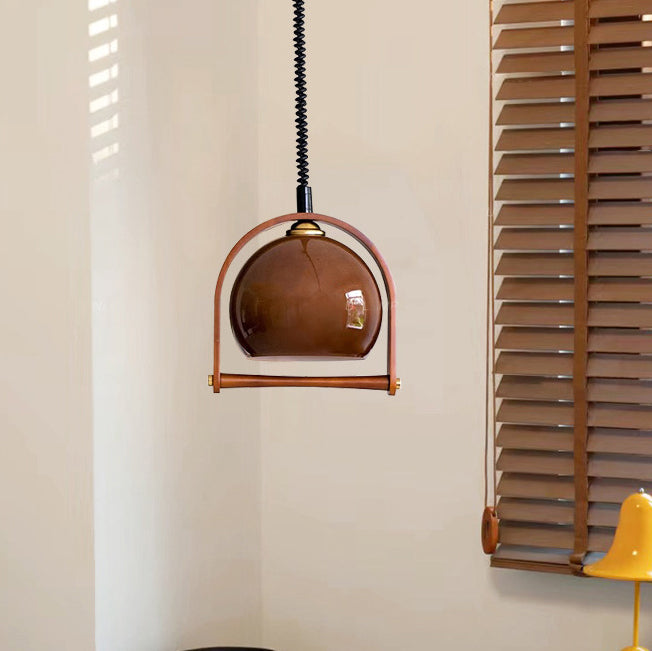 Contemporary Retro Round Half Circle Solid Wood Frame Glass Shade 1-Light Pendant Light For Living Room